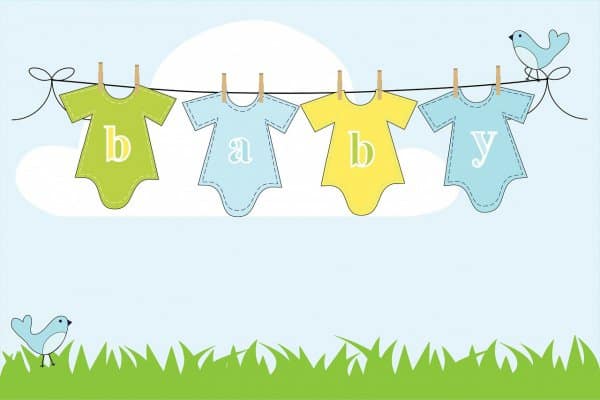 Zur Geburt
        (Wäscheleine mit Babysachen)